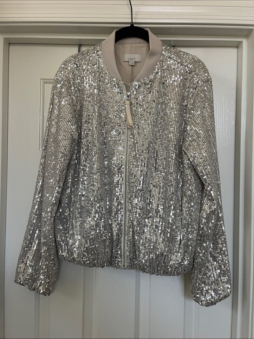 LOFT Silver Sequin Bomber with Ribbed Trim